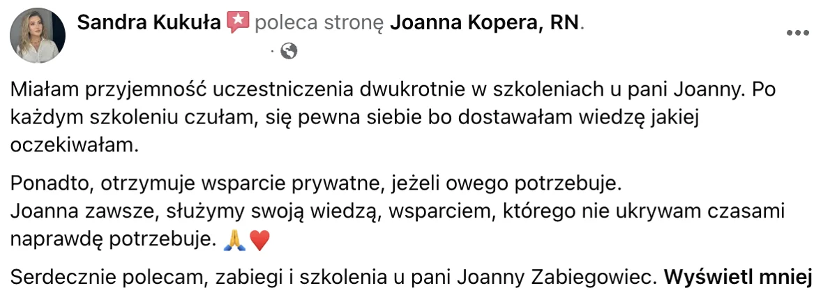 Opinia o szkoleniu lub zabiegu u Joanny Kopery